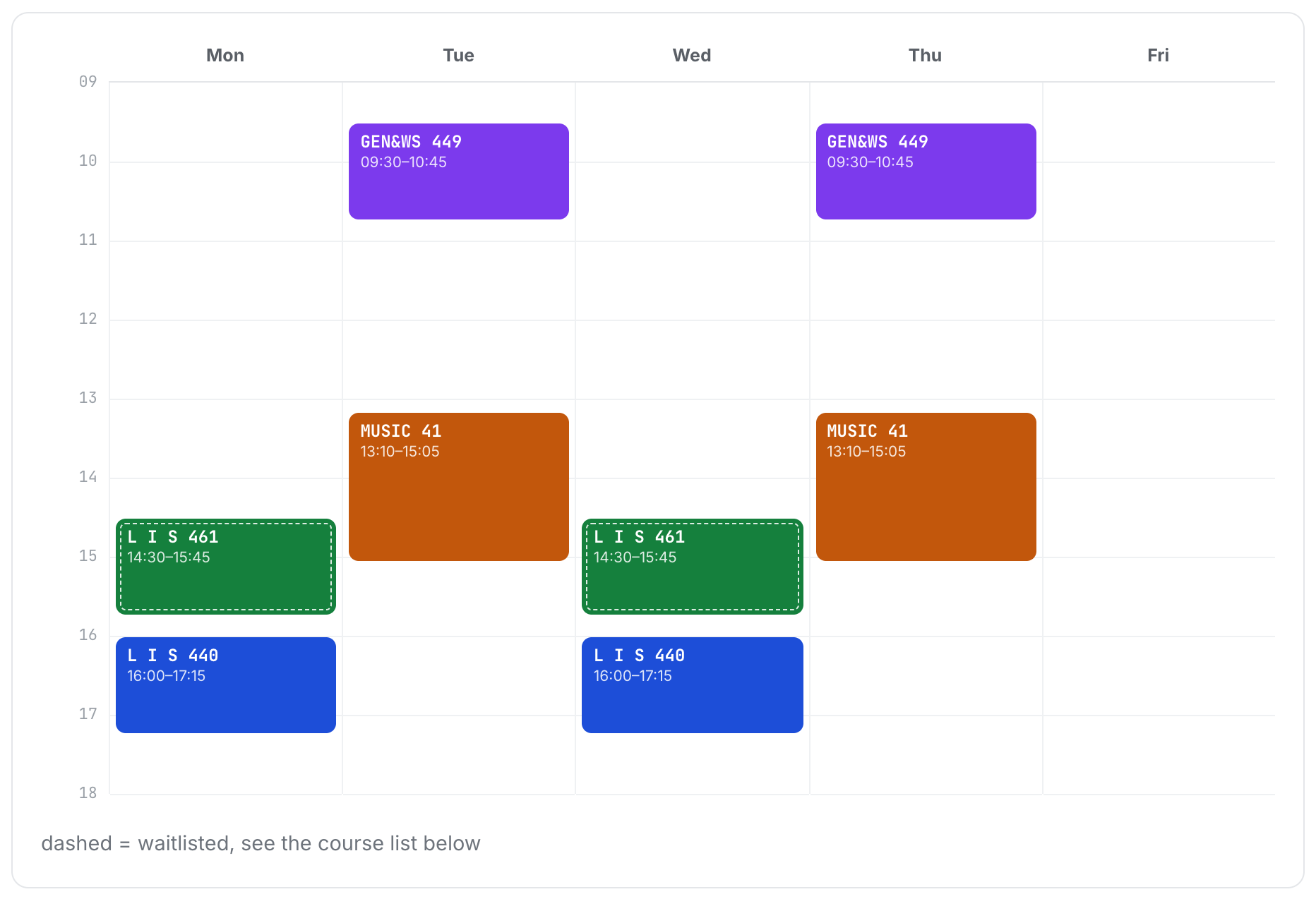 A generated schedule: score header and conflict-free weekly calendar